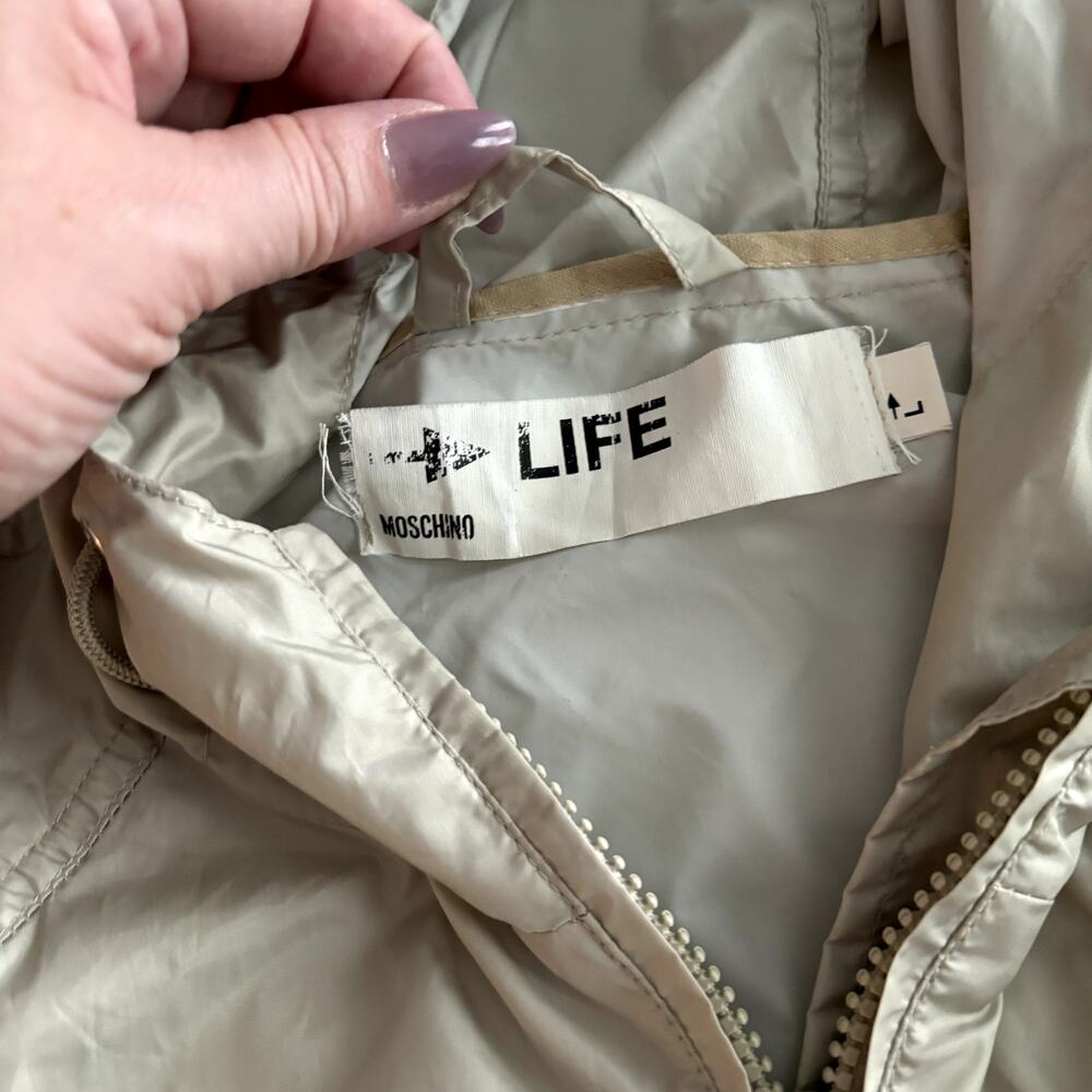 Moschino Life Windbreaker Large Tan Beige Hooded Jacket Coat Full Zip Gorpcore - Picture 4 of 9